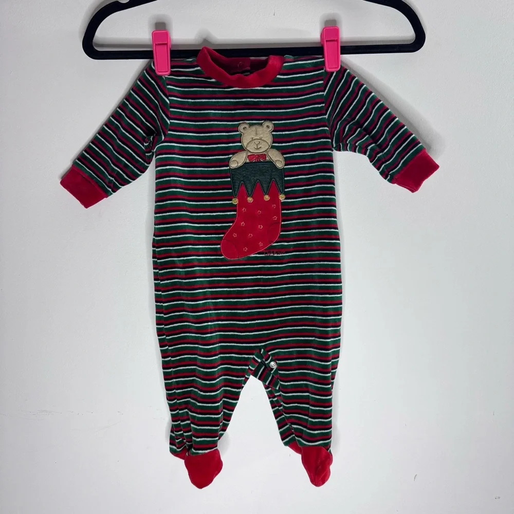 OshKosh Baby Christmas Teddy Bear Stocking Velour Footed Sleeper 0-3M Vintage